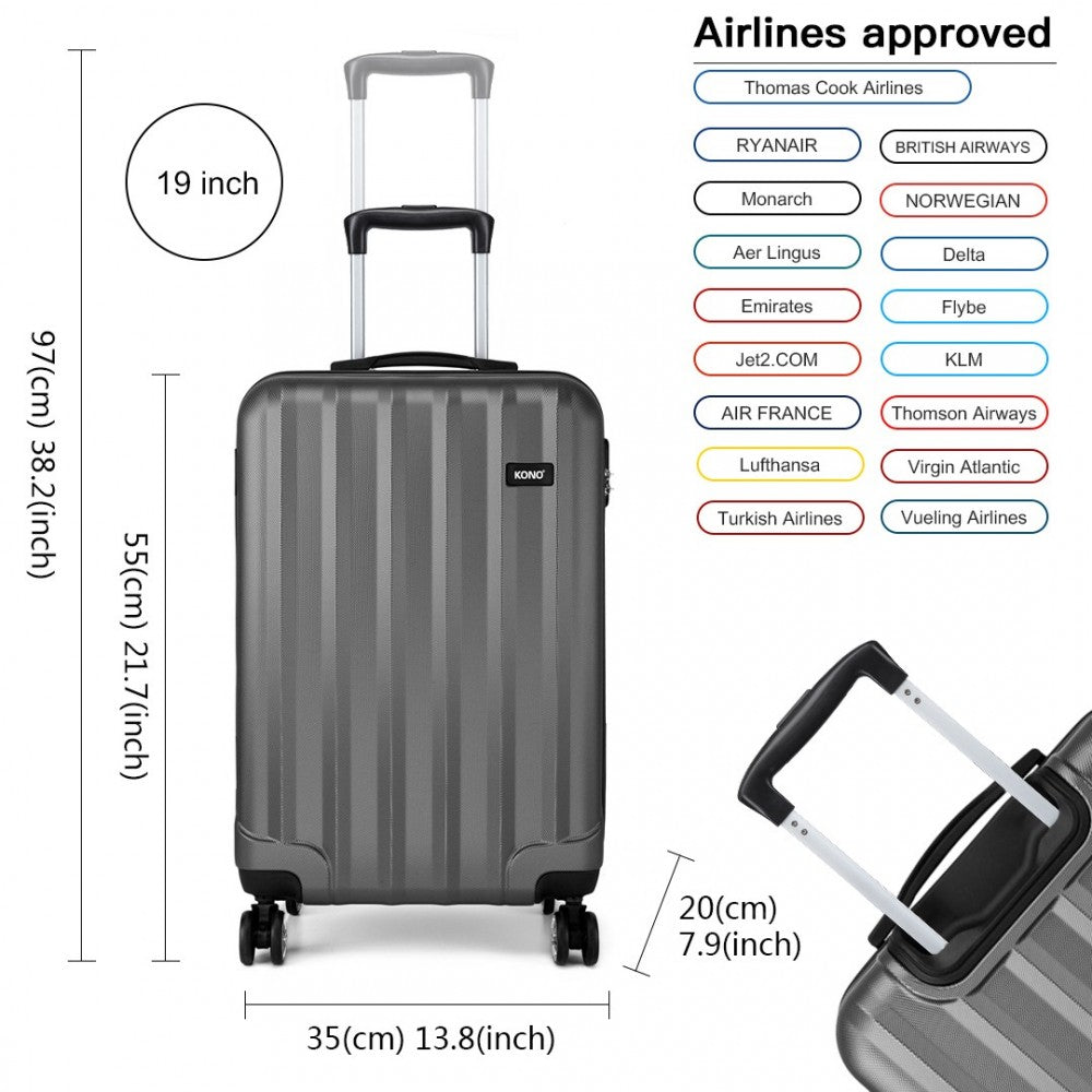 Kono Vertical Stripe Hard Shell Suitcase 19/24/28 Inch 3 Piece Luggage Set - Grey