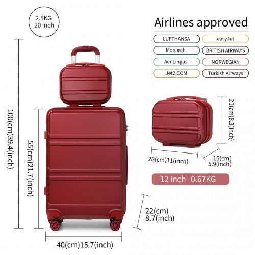 Kono Abs 4 Wheel Suitcase Set With Vanity Case - Burgundy
