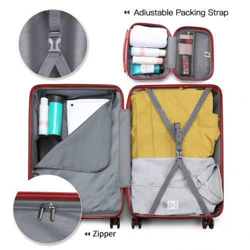 Kono Abs 4 Wheel Suitcase Set With Vanity Case - Burgundy