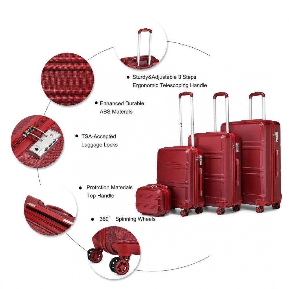 Kono ABS Sculpted Horizontal Design 4 Pieces Suitcase Set With Vanity Case - Burgundy