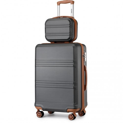Kono ABS 4 Wheel Suitcase Set With Vanity Case - Grey / Brown
