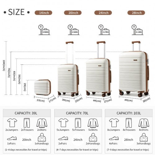 Kono Multi Texture Hard Shell PP Suitcase With TSA Lock and Vanity Case 4 Pieces Set - Classic Collection - Cream