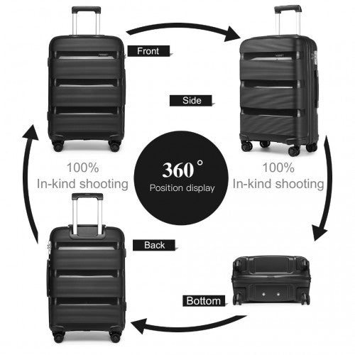 Kono Bright Hard Shell PP Suitcase With TSA Lock And Vanity Case 4 Pieces Set - Classic Collection - Black