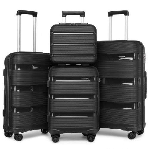 Kono Bright Hard Shell PP Suitcase With TSA Lock And Vanity Case 4 Pieces Set - Classic Collection - Black