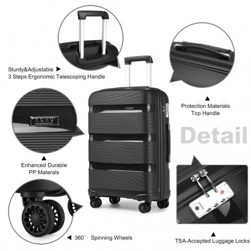 Kono Bright Hard Shell PP Suitcase With TSA Lock And Vanity Case 4 Pieces Set - Classic Collection - Black