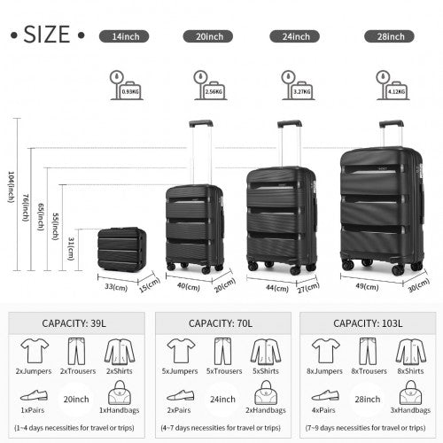 Kono Bright Hard Shell PP Suitcase With TSA Lock And Vanity Case 4 Pieces Set - Classic Collection - Black