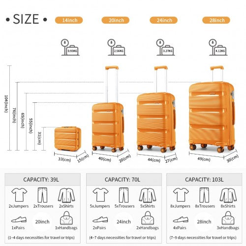 Kono Bright Hard Shell PP Suitcase With TSA Lock And Vanity Case 4 Pieces Set - Classic Collection - Orange