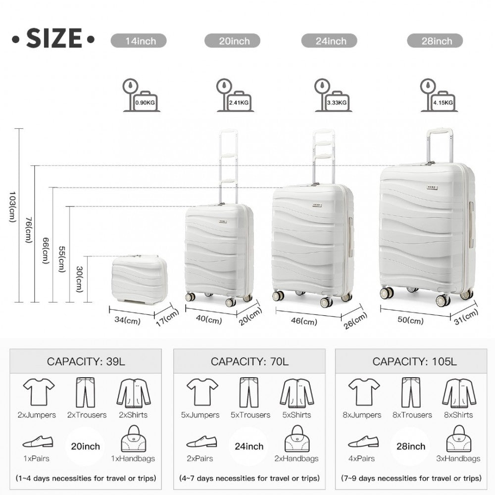 Kono Lightweight PP Hard Shell 4 Piece Suitcase Set With TSA Lock And Vanity Case - White