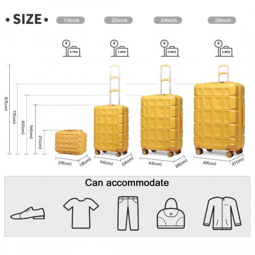 Kono Lightweight Hard Shell Abs Suitcase With TSA Lock And Vanity Case 4 Piece Set - Yellow