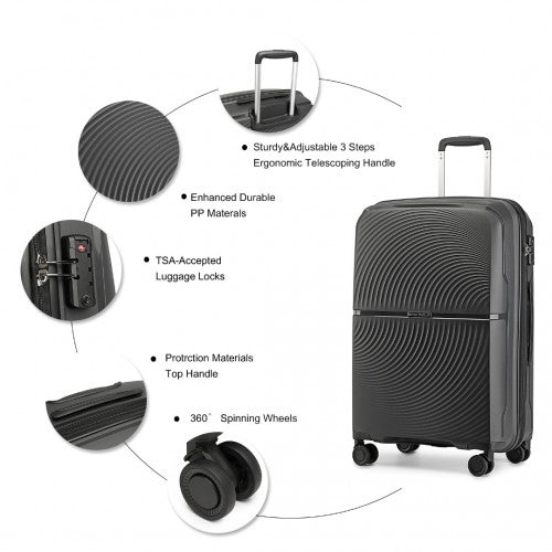 British Traveller 4 Pcs Set Spinner Hard Shell PP Suitcase With TSA Lock And Vanity Case - Black