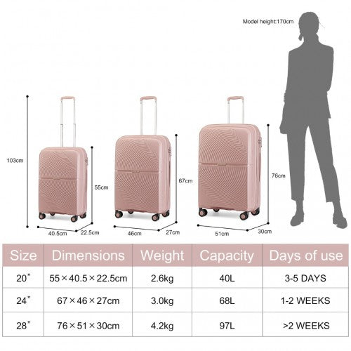 British Traveller 3 PCS 20/24/28 Inch Set Spinner Hard Shell PP Suitcase - TSA Lock - Nude
