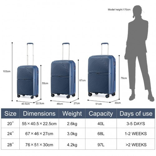 British Traveller 3 PCS 20/24/28 Inch Set Spinner Hard Shell PP Suitcase - TSA Lock - Navy