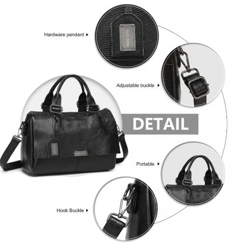 Miss Lulu Perfect Fusion Of Genuine And PU Leather Women's Tote Crossbody Bag - Black