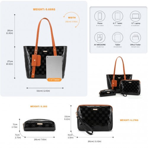 Miss Lulu 4 Pieces Glossy Leather Tote Bag Set - Black And Brown