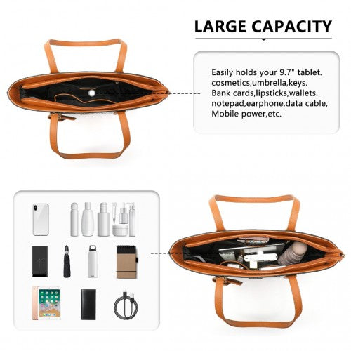 Miss Lulu 4 Pieces Glossy Leather Tote Bag Set - Black And Brown