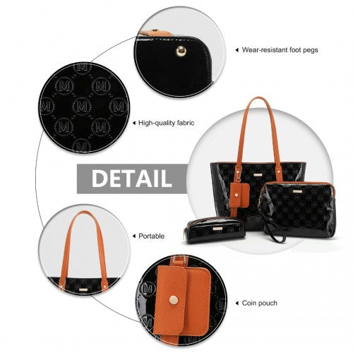 Miss Lulu 4 Pieces Glossy Leather Tote Bag Set - Black And Brown