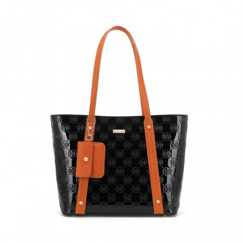 Miss Lulu 4 Pieces Glossy Leather Tote Bag Set - Black And Brown