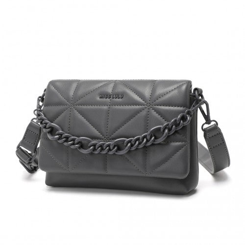Miss Lulu Chic Quilted Shoulder Bag With Chain Strap - Grey