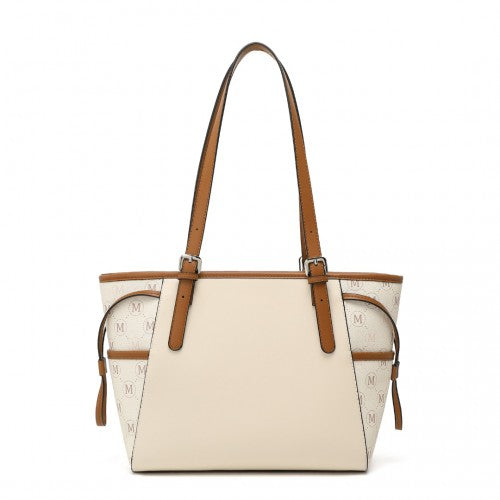 Miss Lulu Elegant Tote Bag With Monogram Pattern - Beige And Brown