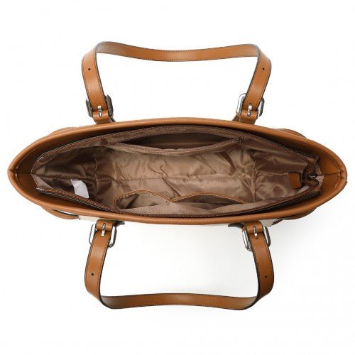 Miss Lulu Elegant Tote Bag With Monogram Pattern - Beige And Brown