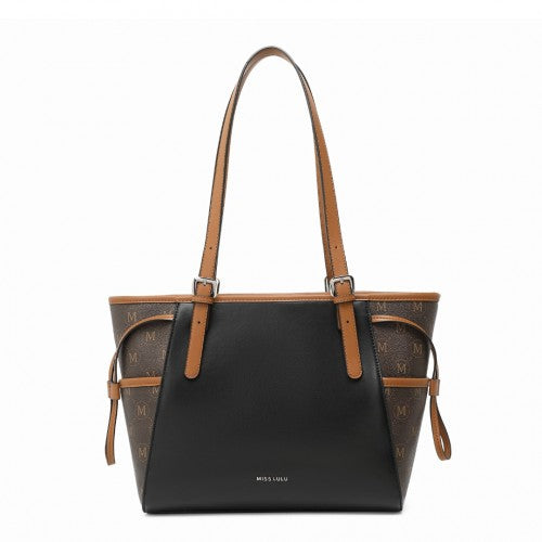 Miss Lulu Elegant Tote Bag With Monogram Pattern - Black And Brown