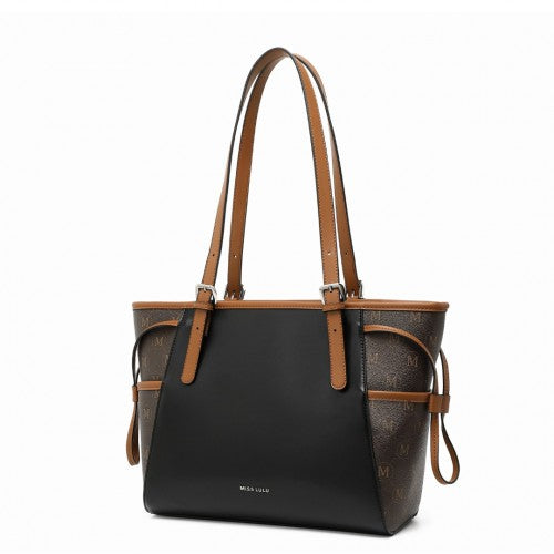 Miss Lulu Elegant Tote Bag With Monogram Pattern - Black And Brown