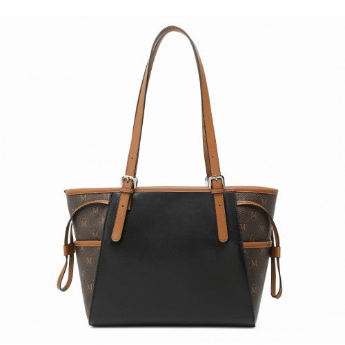 Miss Lulu Elegant Tote Bag With Monogram Pattern - Black And Brown