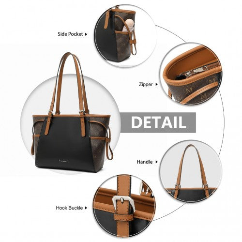 Miss Lulu Elegant Tote Bag With Monogram Pattern - Black And Brown
