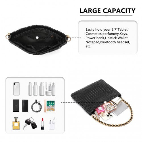 Miss Lulu Sophisticated Embossed PU Leather Commuter Shoulder Bag With Chain Strap - Black