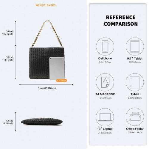 Miss Lulu Sophisticated Embossed PU Leather Commuter Shoulder Bag With Chain Strap - Black