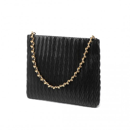Miss Lulu Sophisticated Embossed PU Leather Commuter Shoulder Bag With Chain Strap - Black
