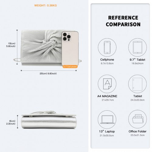 Miss Lulu Women's Pleated Bow Evening Bag Clutch Handbag - Silver