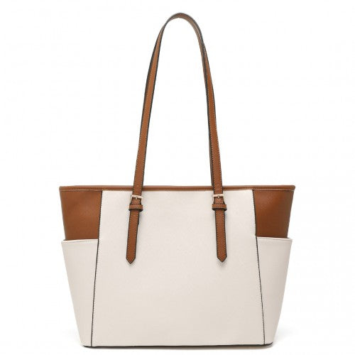 Miss Lulu Faux Leather Adjustable Handle Tote Bag - Beige And Light Brown