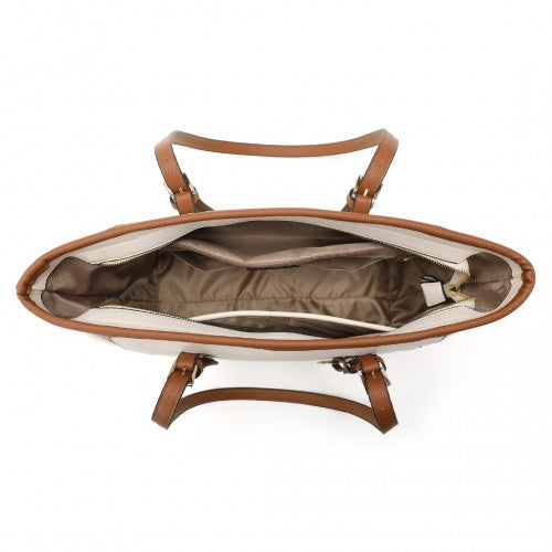 Miss Lulu Faux Leather Adjustable Handle Tote Bag - Beige And Light Brown