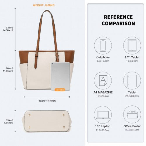 Miss Lulu Faux Leather Adjustable Handle Tote Bag - Beige And Light Brown