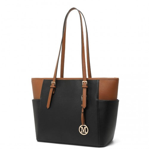 Miss Lulu Faux Leather Adjustable Handle Tote Bag - Black And Brown