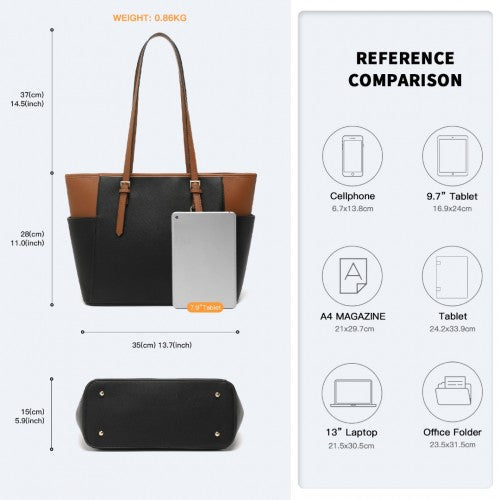 Miss Lulu Faux Leather Adjustable Handle Tote Bag - Black And Brown