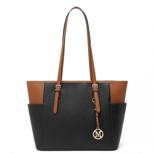 Miss Lulu Faux Leather Adjustable Handle Tote Bag - Black And Brown