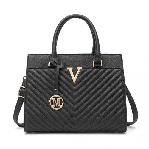Miss Lulu Chic V-Quilted PU Leather Sophisticated Handbag - Black