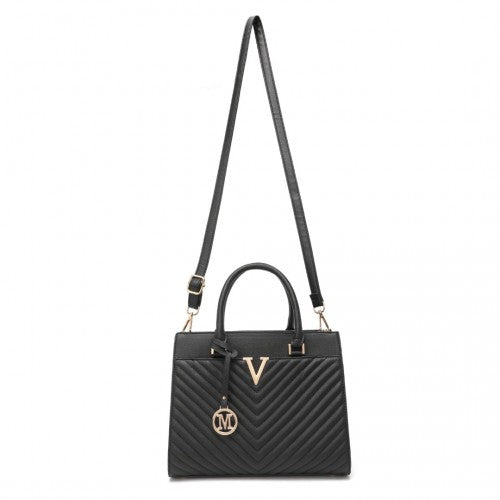 Miss Lulu Chic V-Quilted PU Leather Sophisticated Handbag - Black