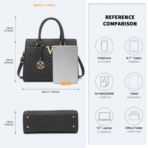 Miss Lulu Chic V-Quilted PU Leather Sophisticated Handbag - Black