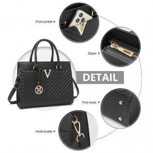 Miss Lulu Chic V-Quilted PU Leather Sophisticated Handbag - Black
