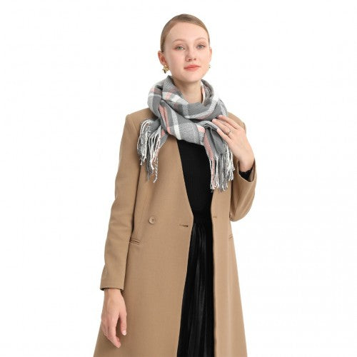 Acrylic Fashion Women's Long Shawl Grid Tassel Winter Warm Oversized Scarf - Grey