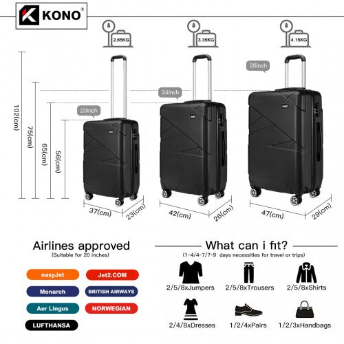 Kono 20-24-28” Bandage Effect Hard Shell Suitcase - Black
